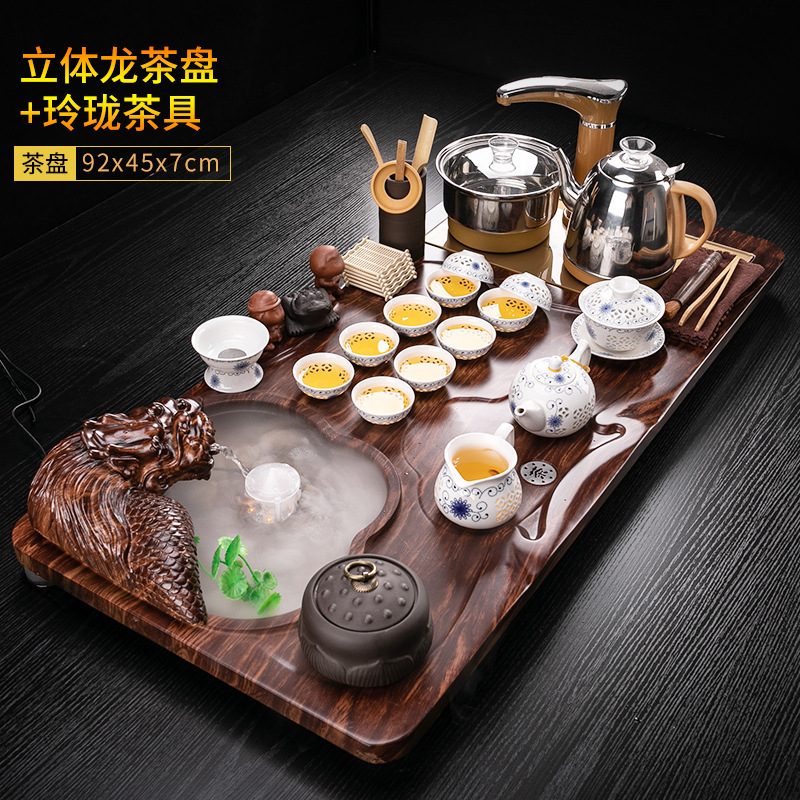艺锦蓝中国风景德镇整套功夫茶具套装雾化流水实木茶盘茶台茶壶茶杯