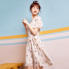 拉夏贝尔女装夏新款韩版中长款系带休闲高腰雪纺碎花连衣裙