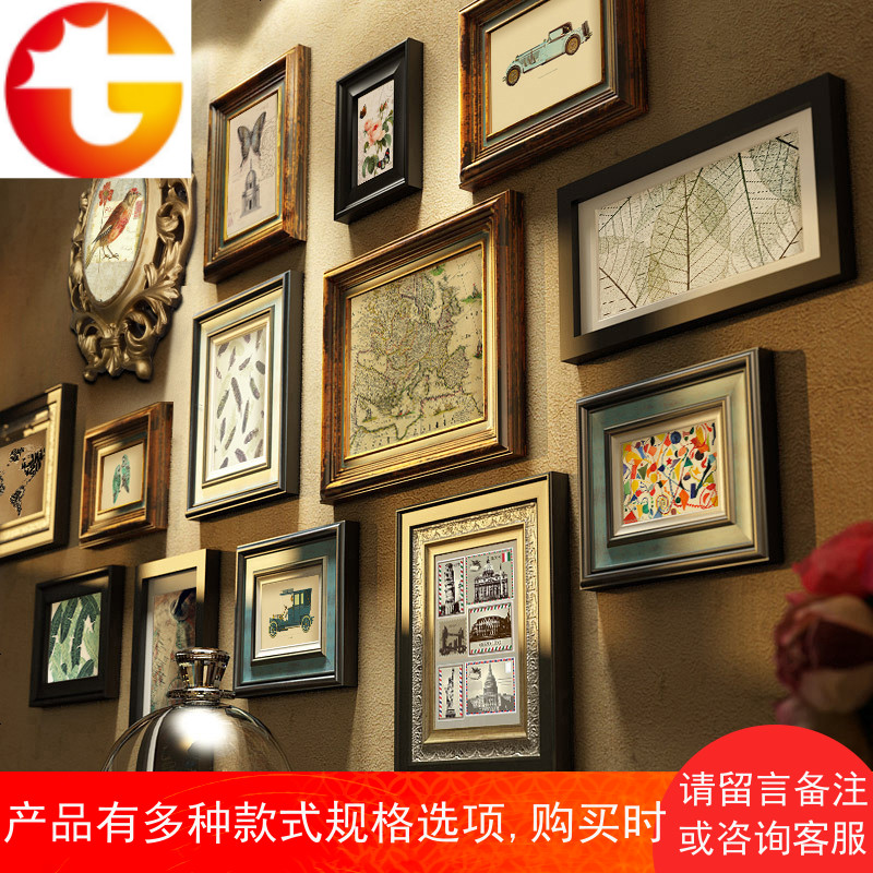 实木简美式照片墙装饰客厅餐厅相框墙欧式复古鹿头挂墙玄关组合画