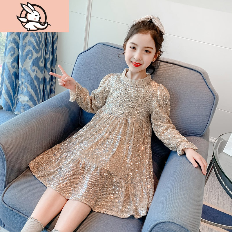 huayangtu女童洋气加绒连衣裙冬装新年衣服儿童秋冬过年裙子红色亮片