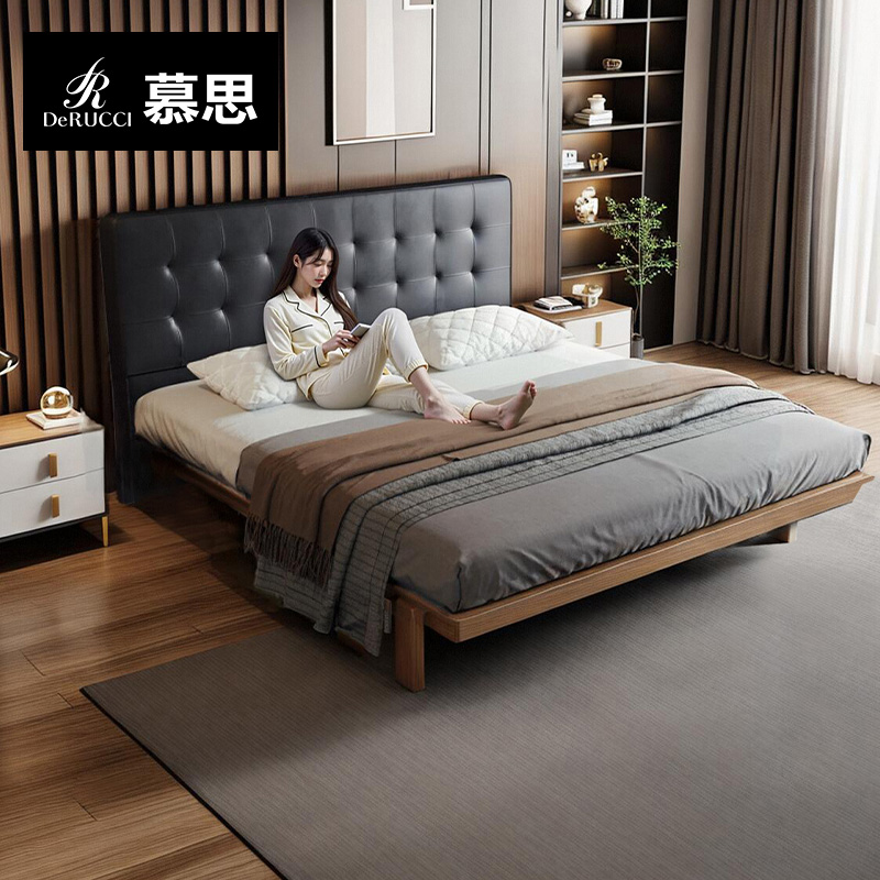 慕思旗舰店樱桃木实木床现代简约真皮床卧室大床主卧软包 BCW1-153