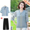 新款妈妈夏装中袖套装上衣洋气中年女装夏季七分袖T恤+阔腿裤