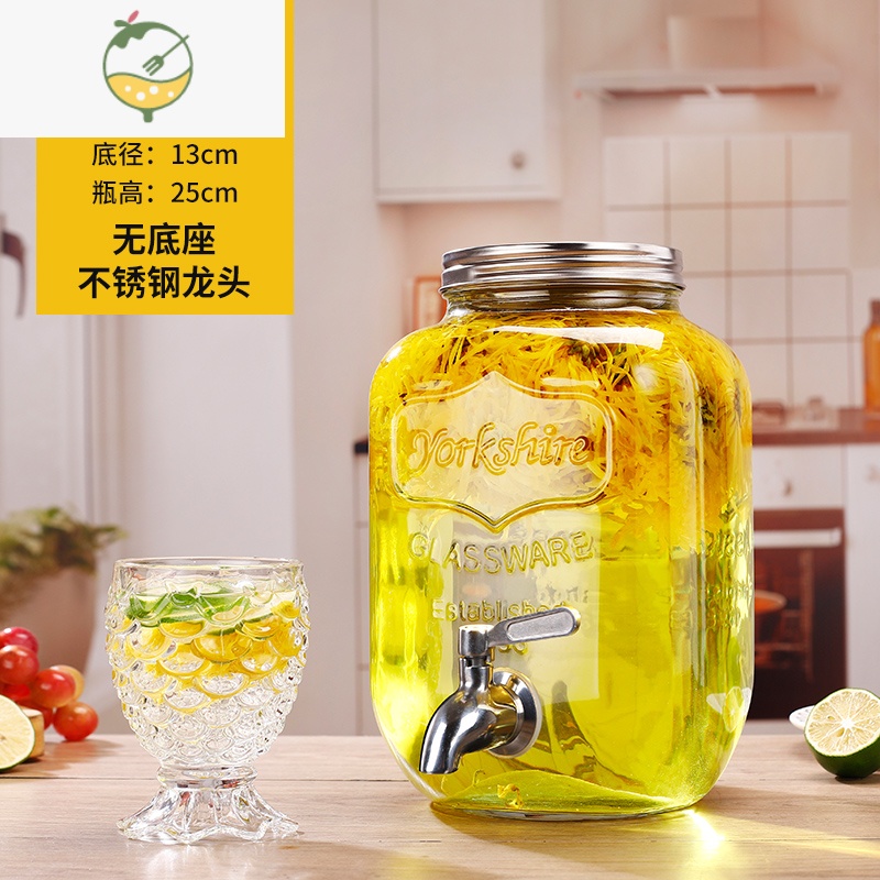 YICHENG玻璃酒桶泡酒瓶带龙头饮料桶果汁罐冷水桶水果柠檬网红可乐桶容器 4升+不锈钢龙头(勿加开水) 升级加厚款酒具