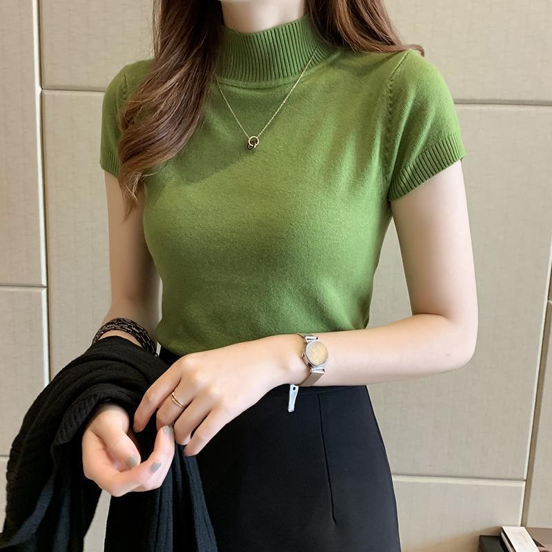 佐露丝2021秋季新款女装半高领打底衫女短袖针织衫内搭薄款毛衣短款