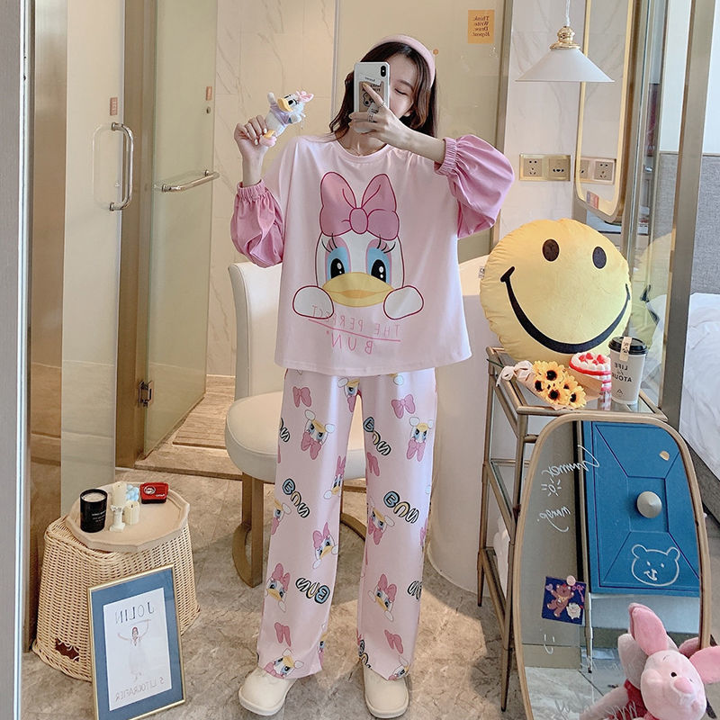 棉睡衣女春秋薄款卡通可爱长袖韩版全棉大码两件套可外穿家居服