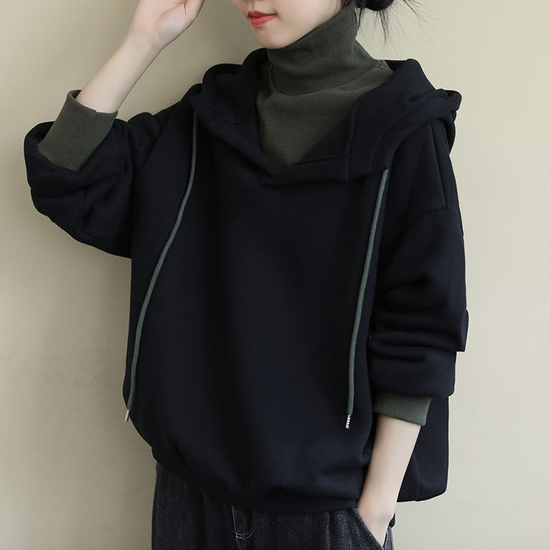加绒加厚卫衣女连帽秋冬季新款韩版高领长袖假两件休闲外套上衣潮