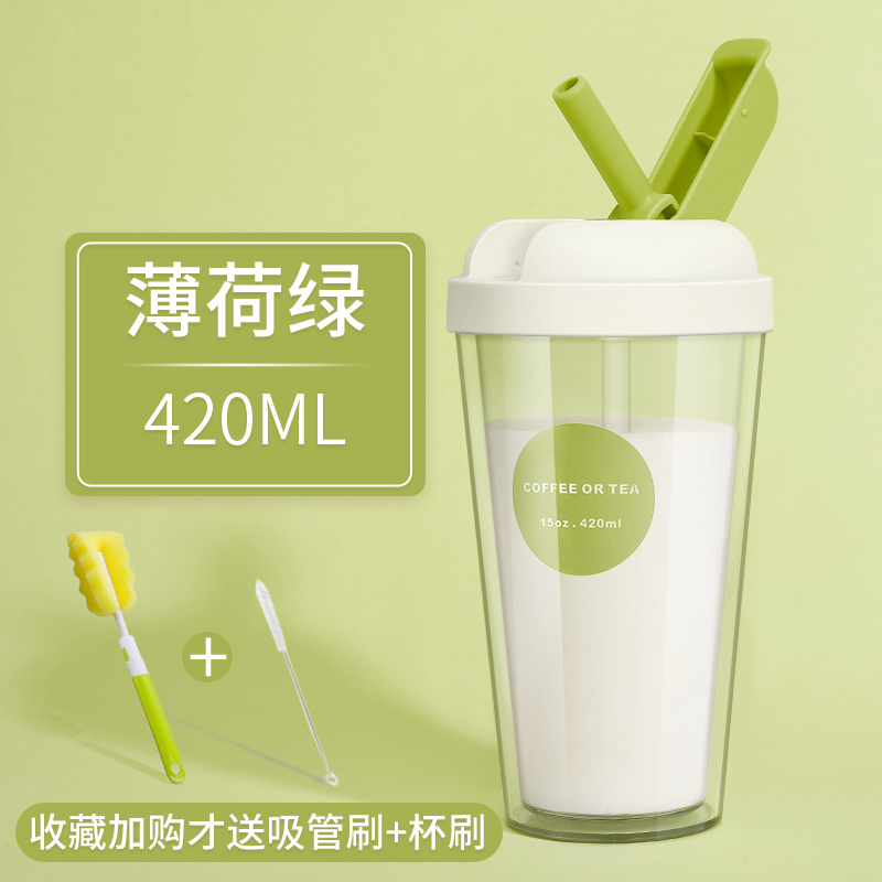 带吸管式水杯子可爱网红少女心烘焙精灵成年大人便携ins风孕妇产妇 绿色420ML[送吸管刷+杯刷]