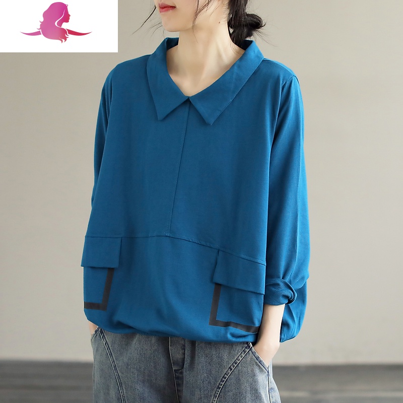 艳如飞素品 宽松文艺长袖拼色假口袋翻领百搭休闲显瘦卫衣女上衣T桖春装T恤