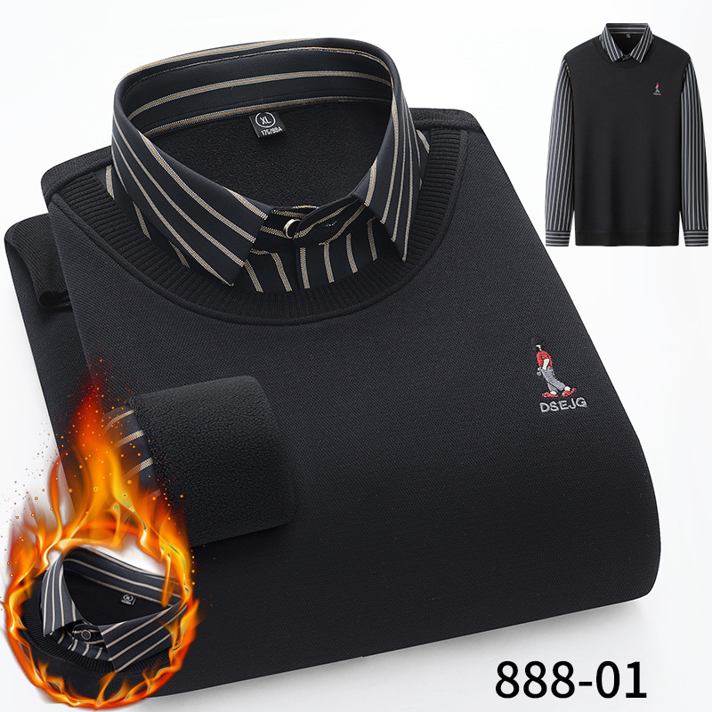 秋冬新款男士无痕衬衣假两件保暖长袖衬衫加绒保暖内衣潮