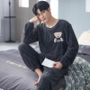 睡衣男士秋冬季珊瑚绒加厚保暖可外穿卡通小熊法兰绒家居服套装