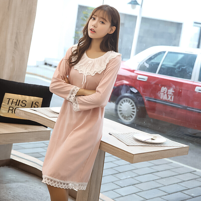波迷娜(BOMINA)2021新款棉睡衣女秋季长裤袖中长款宫廷风宽松睡裙服