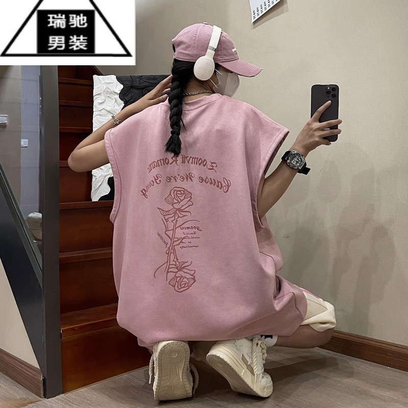 希杰狮王美式麂皮宽肩砍袖酒红色背心男无袖T恤坎肩跨栏情侣高级感汗衫夏