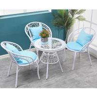 藤编简易钢化玻璃圆桌子阳台小茶几茶桌藤椅三件套组合休闲小桌椅_4_76_311 白色3椅1桌带坐垫整装
