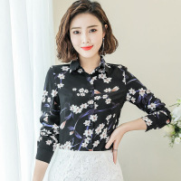 迪鲁奥（DILUAO)2019年秋装款雪纺衫长袖上衣女小碎花衬衫韩版打底衬衣中年妈妈装_694 4XL 黑色印花
