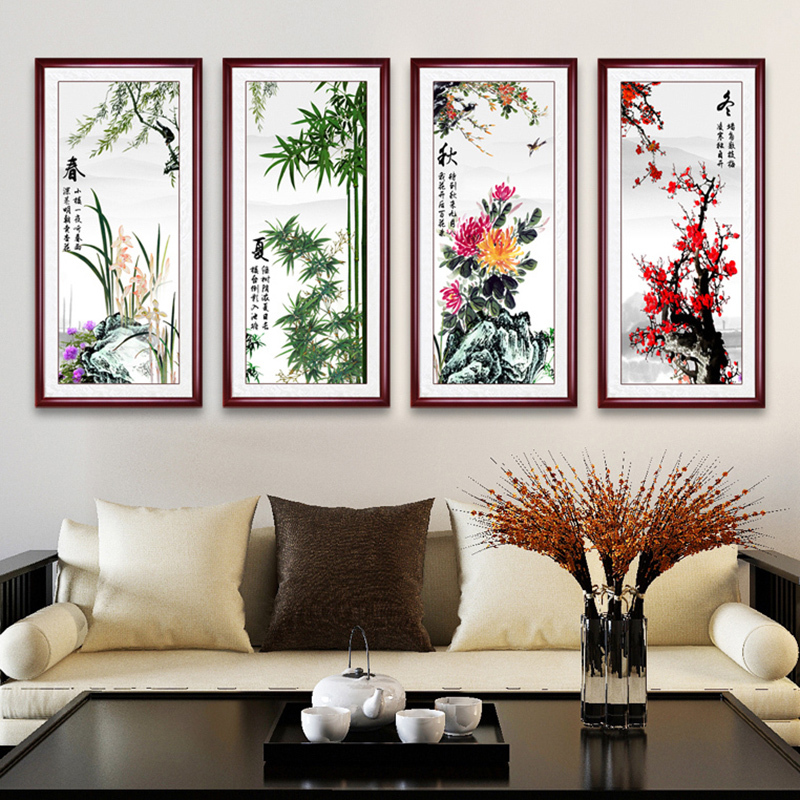 舒厅春夏秋冬装饰画客厅沙发背景墙挂画办公室四联装饰挂画国画餐厅四