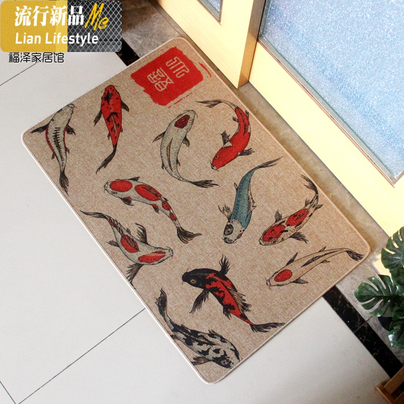 简约卡通趣味亚麻地毯长条防滑脚垫易打理卫浴厨房地垫进垫 三维工匠 红锦鲤 45*150CM（防滑橡胶底）