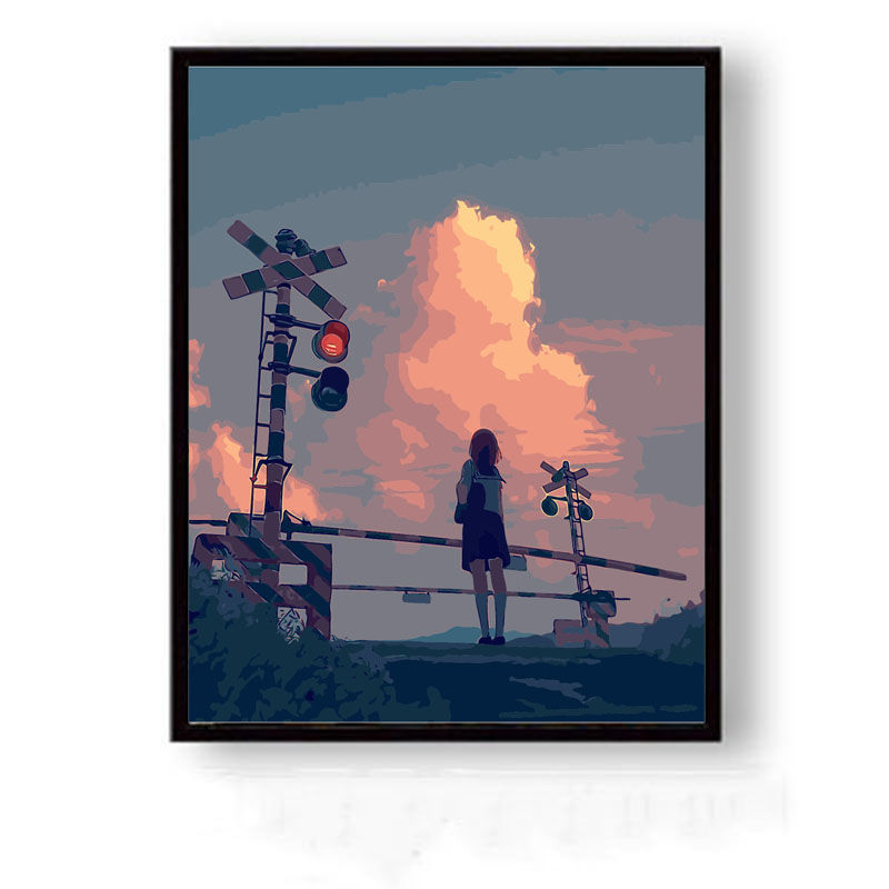 diy数字油画手绘填色卡通人物唯美少女客厅装饰油彩画|X058晚霞背影 60*75cm带内框2.5cm厚