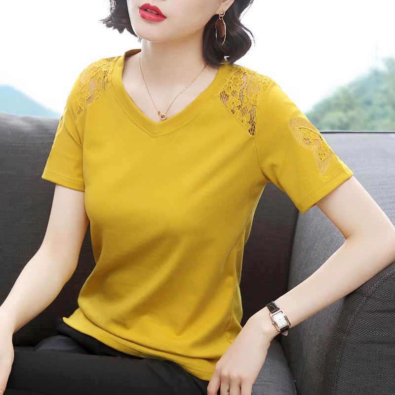 小样传奇95���t恤女短袖宽松韩版纯色体恤2021新款夏大码蕾丝v领半袖丅