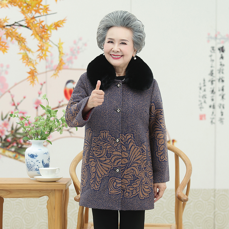 奶奶秋装毛呢子外套妈妈加绒厚衣服老太太冬装中老年人棉袄女婆婆