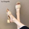 La Chapelle/拉夏贝尔时尚淑女风高跟凉拖粗跟网纱一字带拖鞋