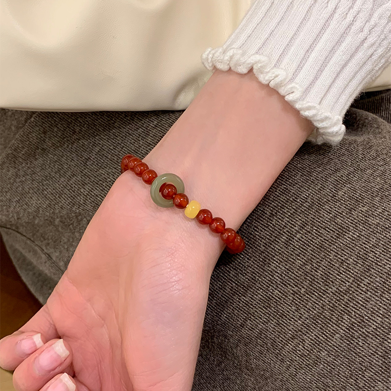 为晚和田玉跑环蜜蜡天然红玛瑙手串高级感红色水晶手链本命年饰品高清大图