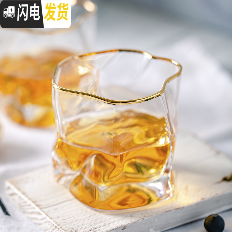 三维工匠日式描金扭纹威士忌酒杯喝啤酒杯水晶玻璃洋酒杯创意个性手工杯子 金边口日式异形威士忌杯高清大图