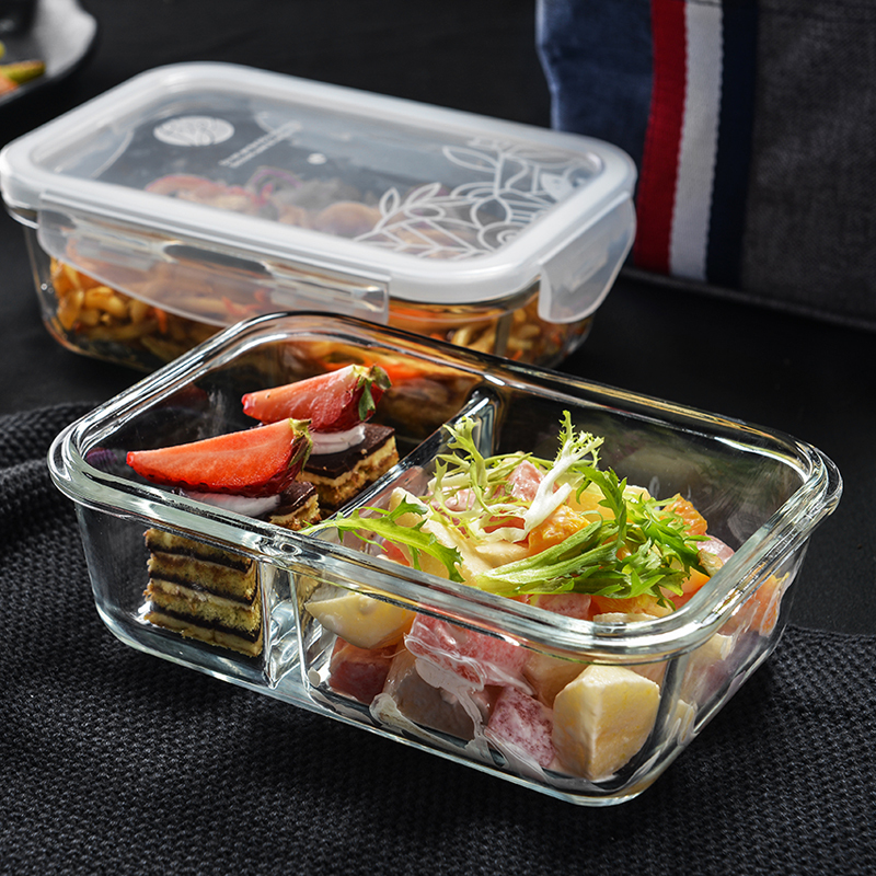 惠洁(huijie)玻璃保鲜盒饭盒1000ML玻璃内分格长方形保鲜饭盒PY-1997