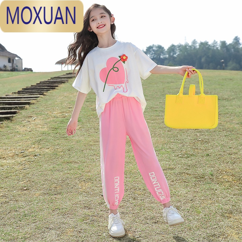 MOXUAN女童网红夏装短袖T恤洋气新款半袖套装中大童女装7夏季儿童装
