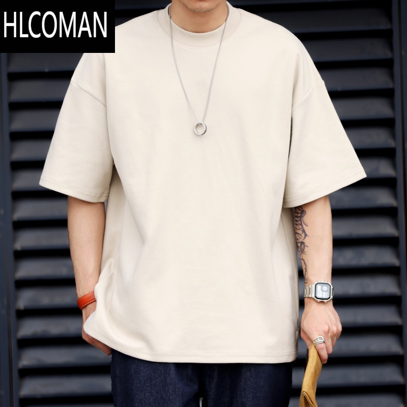 HLCOMAN 美式300g小领口短袖T恤男宽松夏季休闲纯色大码体恤