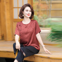 妈妈夏装套装新款洋气中年女上衣中老年人夏季短袖T恤两件套 5XL(建议155斤-165斤） 红色套装
