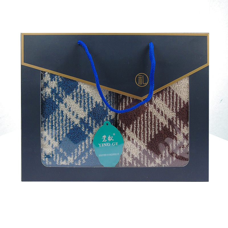 莺歌时尚超柔系列提花双线格毛巾75*35(咖,蓝二色120g*2两条装)盒 6976437741264