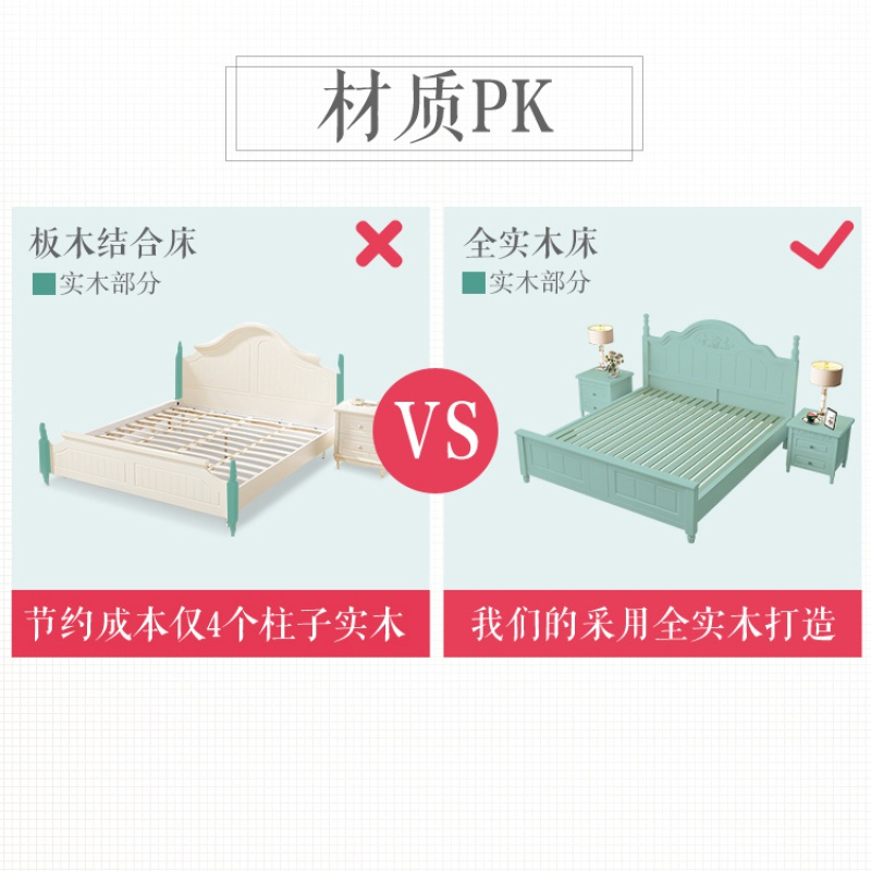 美式实木床1.5米现代简约1.8m双人床白色单人1.2公主床1.35米家用