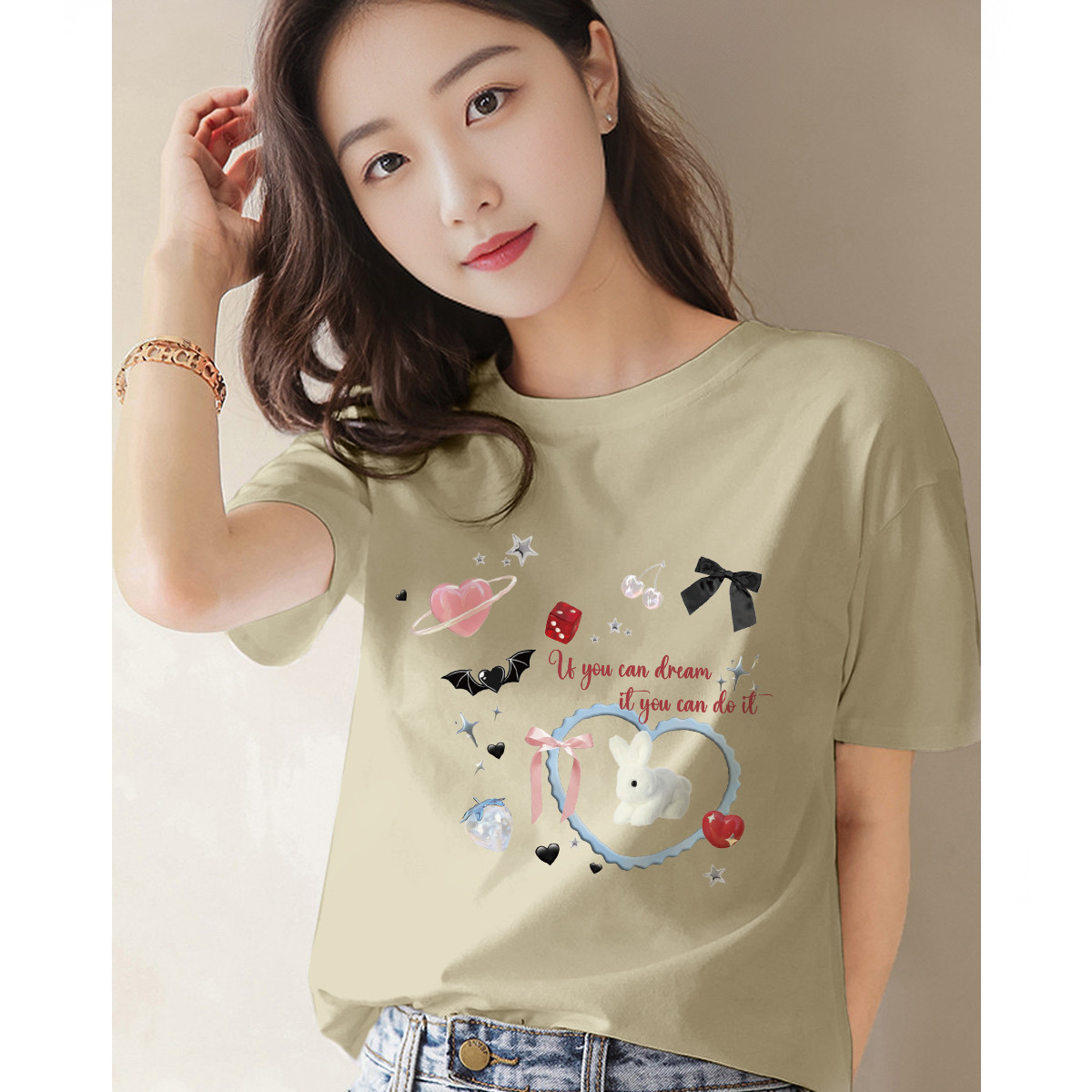 [2.5折价58元]唐狮夏季女圆领前胸图案短袖T恤百搭简约减龄时尚韩系
