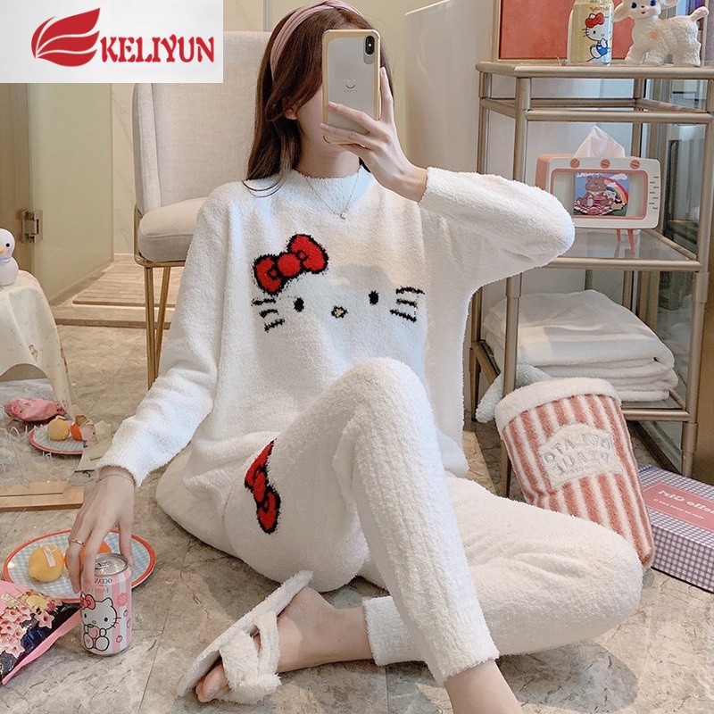 可莉允软绵绵睡衣女秋冬季加厚珊瑚绒网红猫咪可爱保暖家居服套装可外穿睡衣