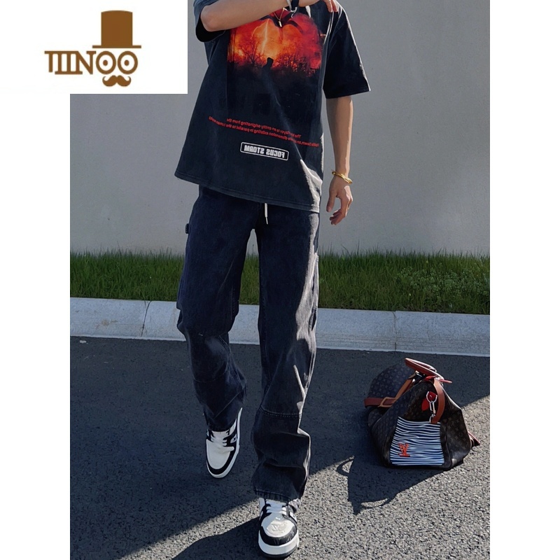 YANXU美式高街设计感复古直筒裤脚拉链牛仔裤子男潮牌工装修身拖地长裤