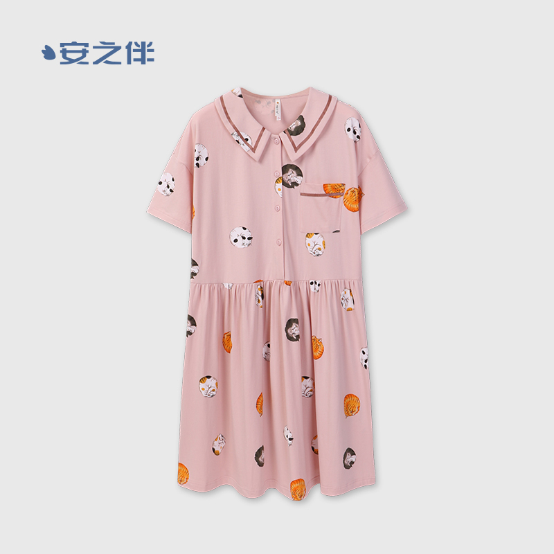 安之伴睡衣女夏季睡衣冰爽棉印花娃娃领短袖女裙家居服视频
