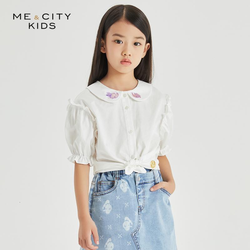 [1件5折价:85]米喜迪mecity童装2021夏季新款女童甜美娃娃领泡泡袖短袖衬衫