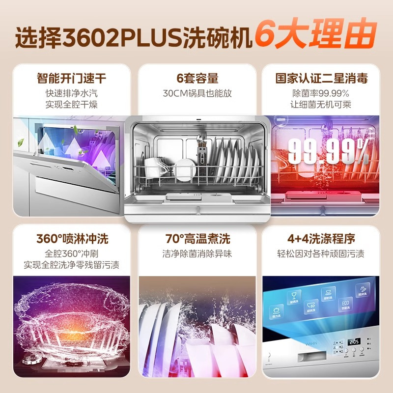 华凌洗碗机3602Plus家用智能台式嵌入式消毒自动开门烘干小型一体