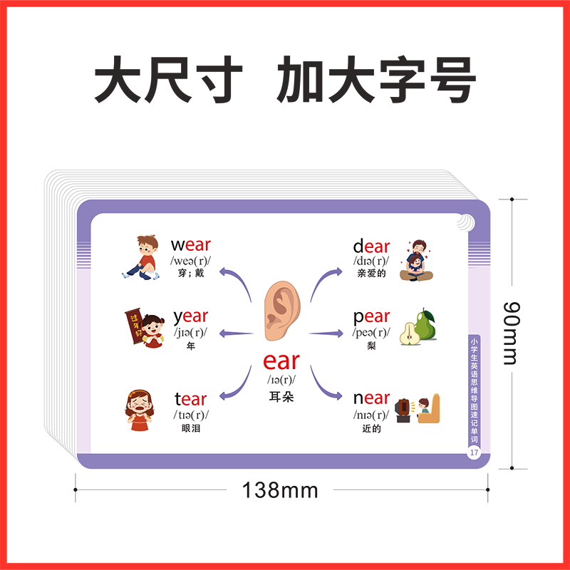 英语-小学英语单词手卡 小学通用 [正版]贝丁兔小学生思维导图英语速记单词手卡小学英语单词速记卡背单词记忆卡片速记本一二