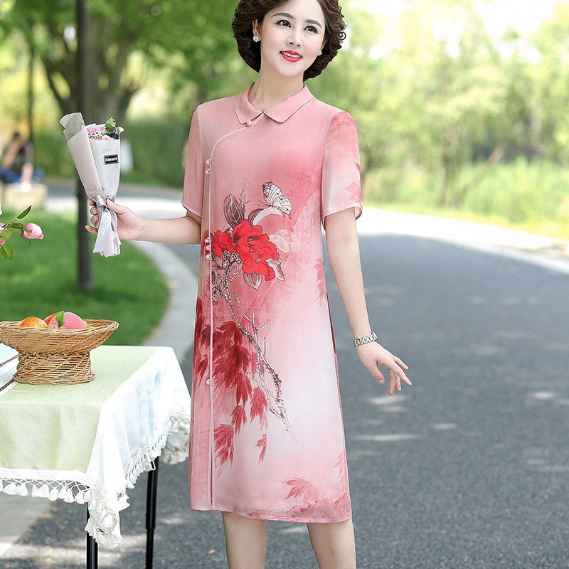 母亲节衣服妈妈夏装气质仿真丝连衣裙过膝妇女夏天裙子中老年女装臻依