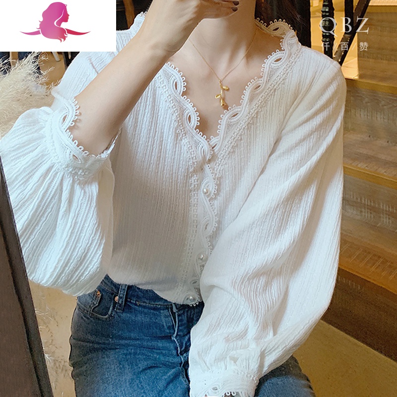 艳如飞春装新款大码女装v领蕾丝衫设计感仙女洋气百搭长袖上衣显瘦衬衫大码女装