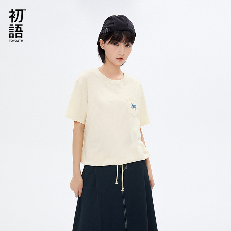 初语新款t恤女2021夏季米色口袋印花抽绳宽松纯棉短袖上衣设计感