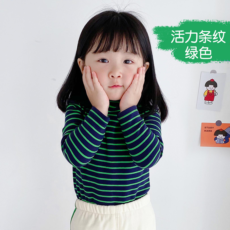 小素材经典条纹女童t恤宝宝打底衫高领纯棉秋冬儿童长袖洋气秋季男童上衣半春秋