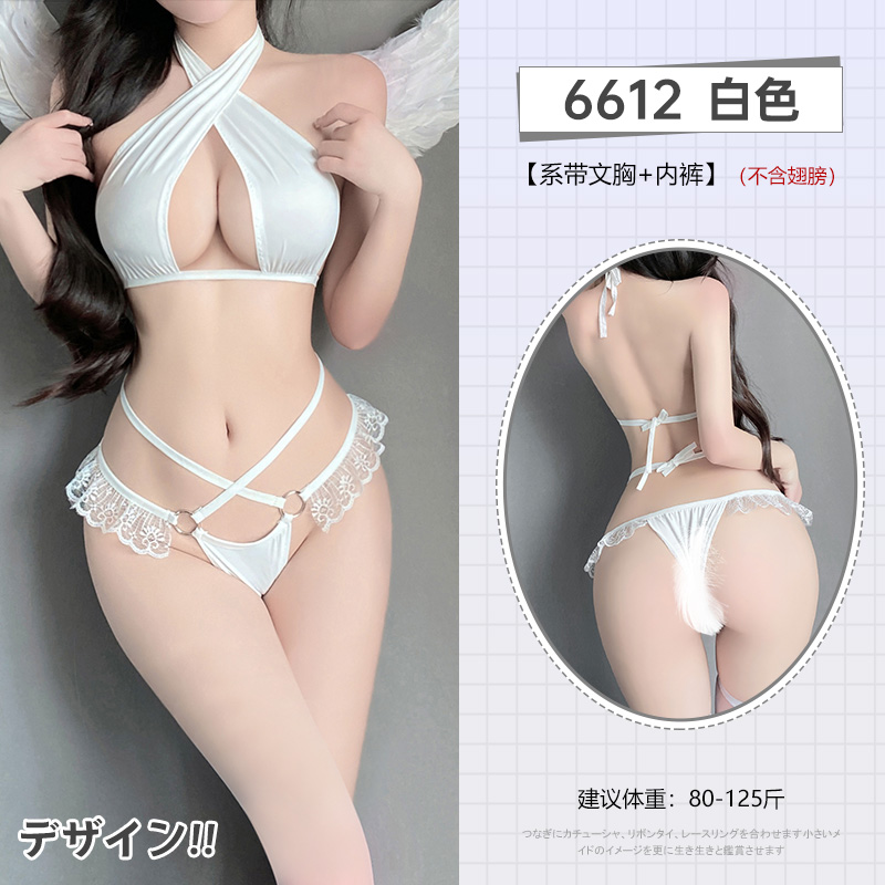霏慕纯欲诱惑交叉系带三点式情趣内衣性感蕾丝比基尼套装开裆露乳免脱女式情趣睡衣制服诱惑角色扮演文胸丁字内裤血滴子丝袜T裤 白色【系带文胸+内裤】 均码
