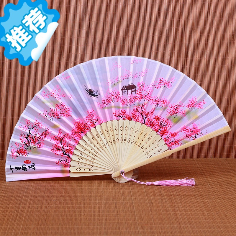 三维工匠中国风汉服扇子折扇女式樱花古风古典舞蹈学生折叠小竹扇红色