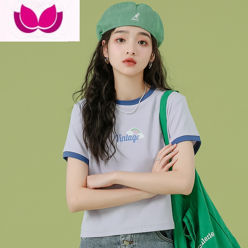 七斓短款短袖t恤女正肩宽松设计感小众甜美别致漂亮小个子高腰上衣夏