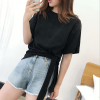 下摆打结T恤女短袖2021年新款夏季宽松白色小心机不规则上衣ins潮 黑色 S