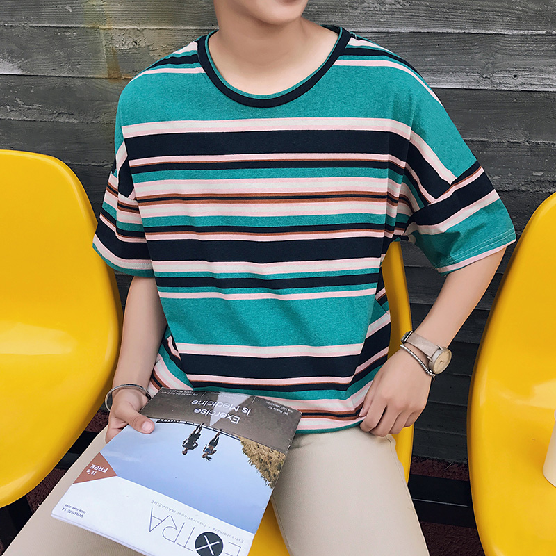 港风夏季年轻帅气条纹圆领短袖T恤男韩版宽松半袖上衣帅气学生tee
