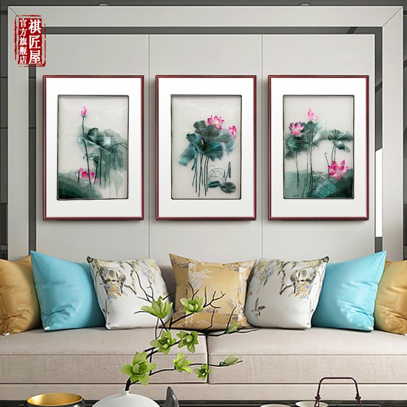 祺匠屋苏绣荷花新中式客厅装饰画苏州刺绣画手工装裱实木框画莲花玄关