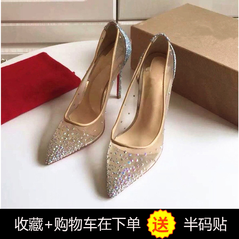 ideamini2021新款夏季透明网纱水钻高跟鞋女细跟性感尖头蕾丝亮片水晶